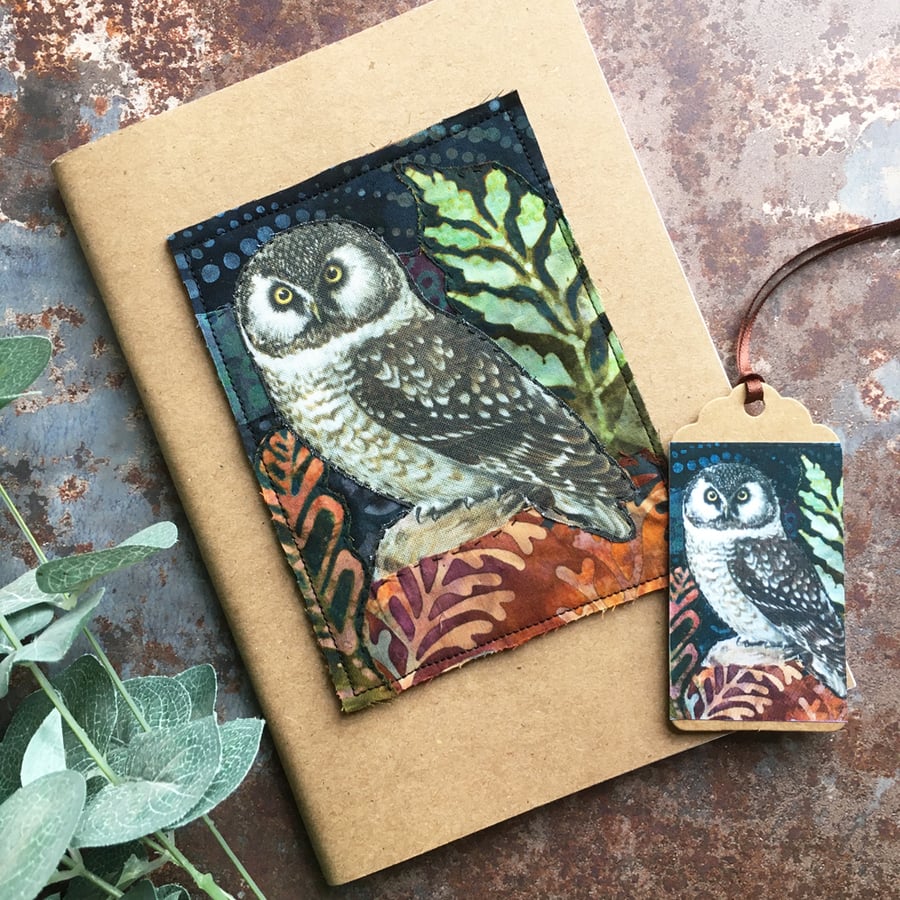 Decorated A5 sketchbook, notebook, gift for owl lover, textile art, owl gift