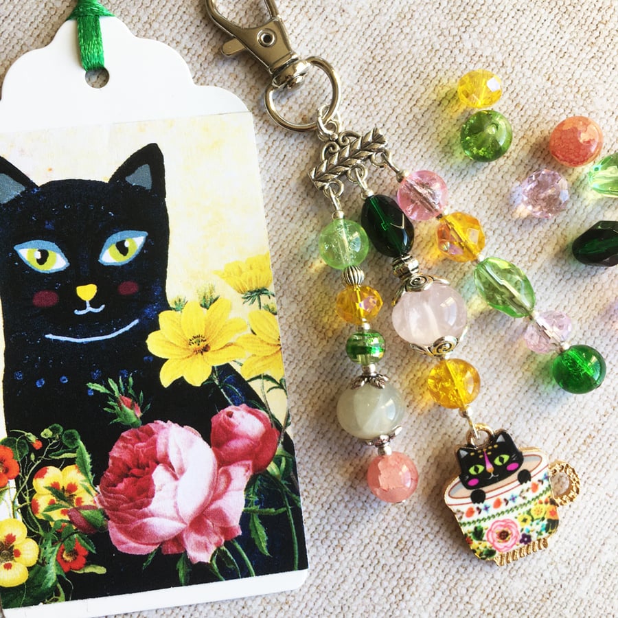 Cat bag charm, black cat, cat charm, cat in a cup, cat gift, cat lover, cat