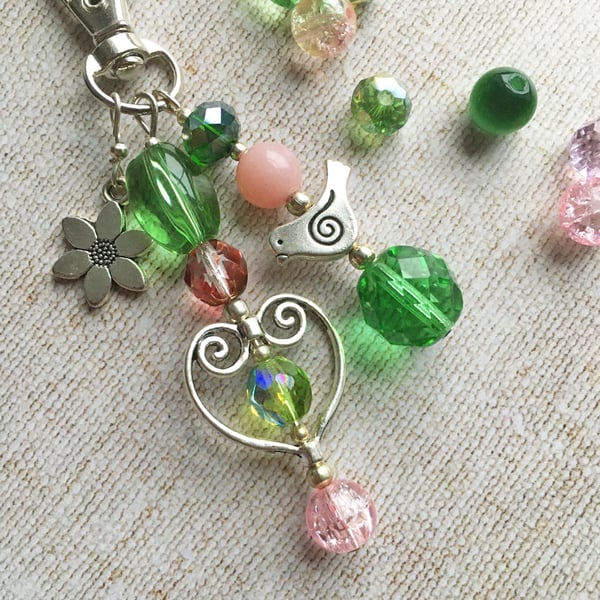 ON SALE. Bag charm, mothers day gift, easter gift, dove and heart,