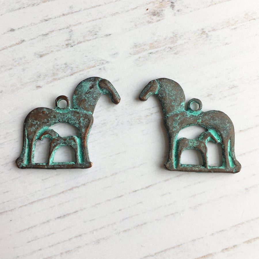 Horse charm, Greek Mykonos Mare and Foal charms, verdigris, Greek horse
