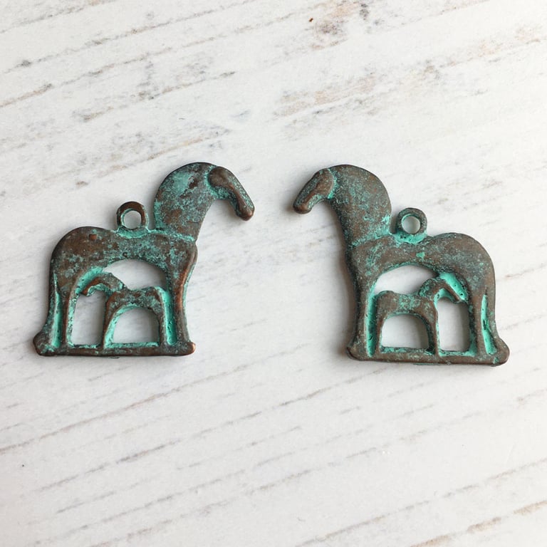 Horse charm, Greek Mykonos Mare and Foal charms, verdigris, Greek horse