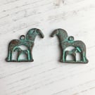 Horse charm, Greek Mykonos Mare and Foal charms, verdigris, Greek horse