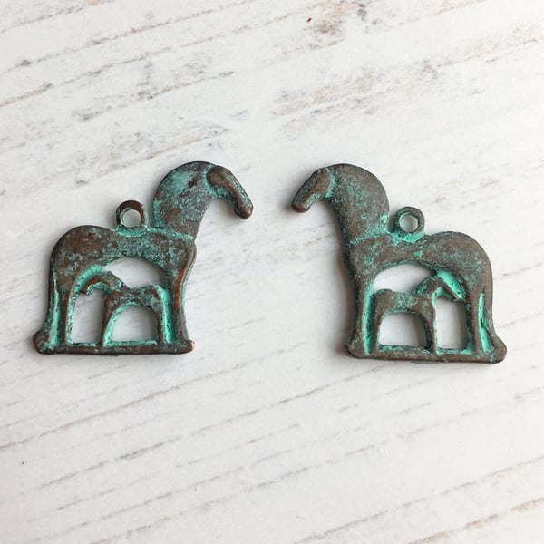 Horse charm, Greek Mykonos Mare and Foal charms, verdigris, Greek horse