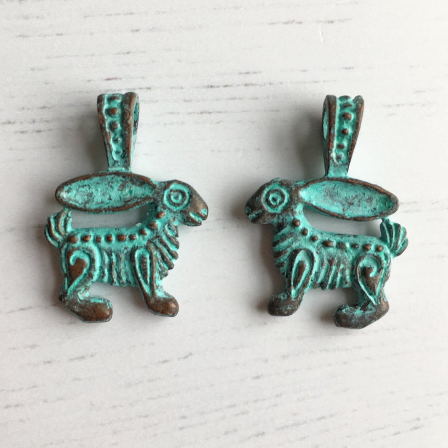 Hare charm, Greek Mykonos charms, two verdigris ethnic hare charms 