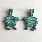 Two Hare charms, Greek Mykonos charms, verdigris ethnic hare pendants 
