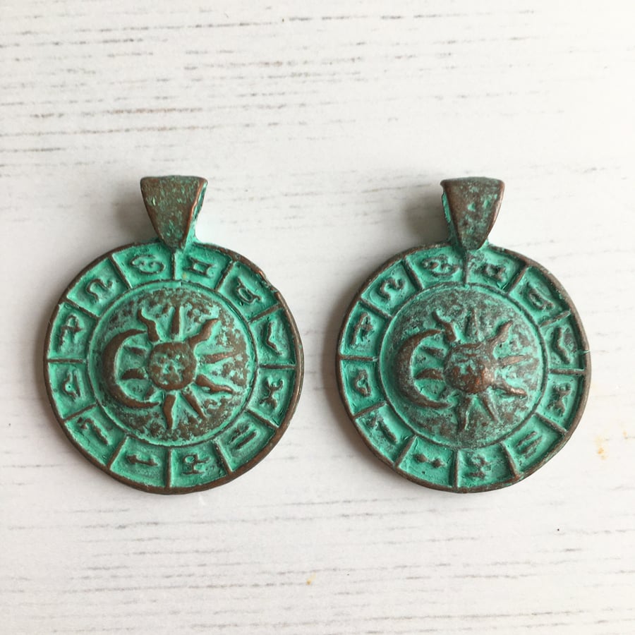 Two Mykonos Zodiac pendants, verdigris, astrology, star sign, jewellery making