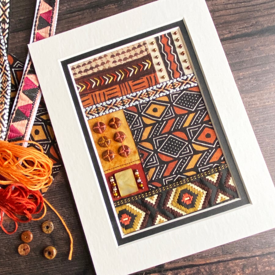 Textile collage, textile art, fabric art, tribal, mudcloth, geometric art,