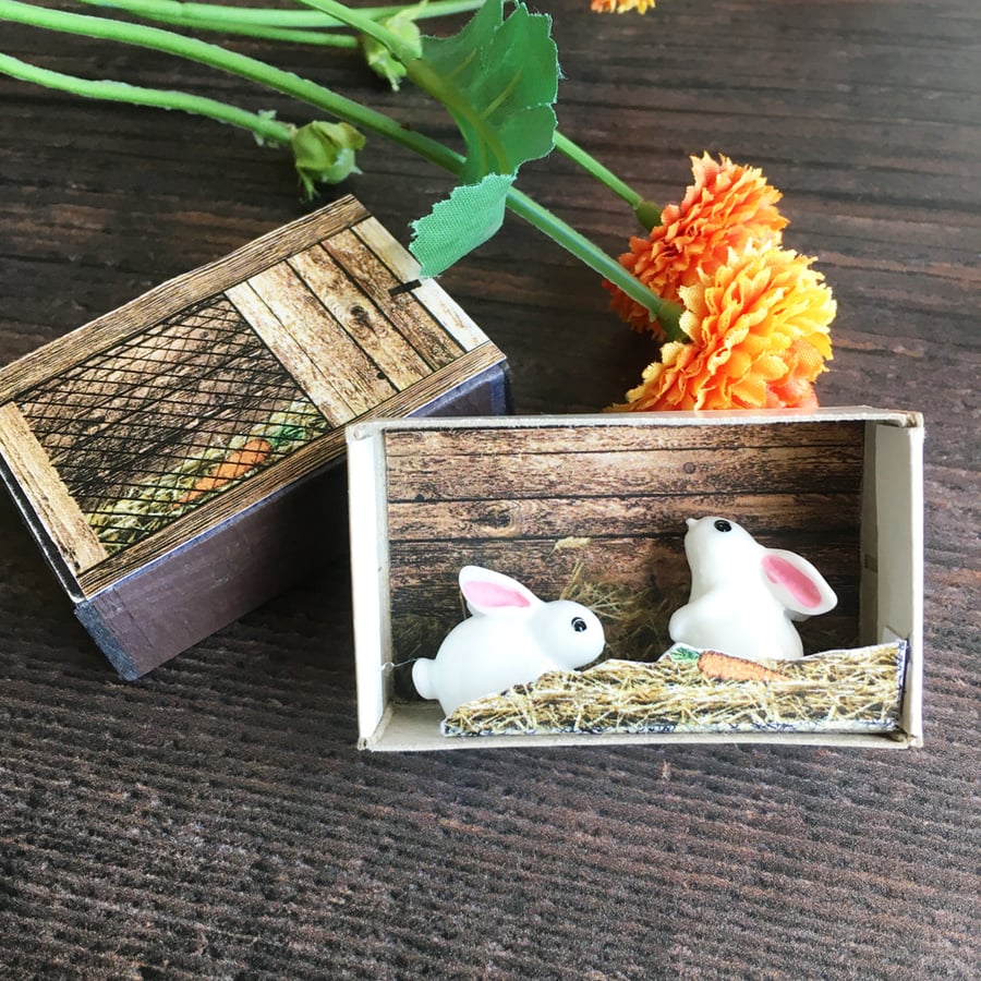 Matchbox art, rabbits in hutch, rabbit gift, rabbit lover, bunnies