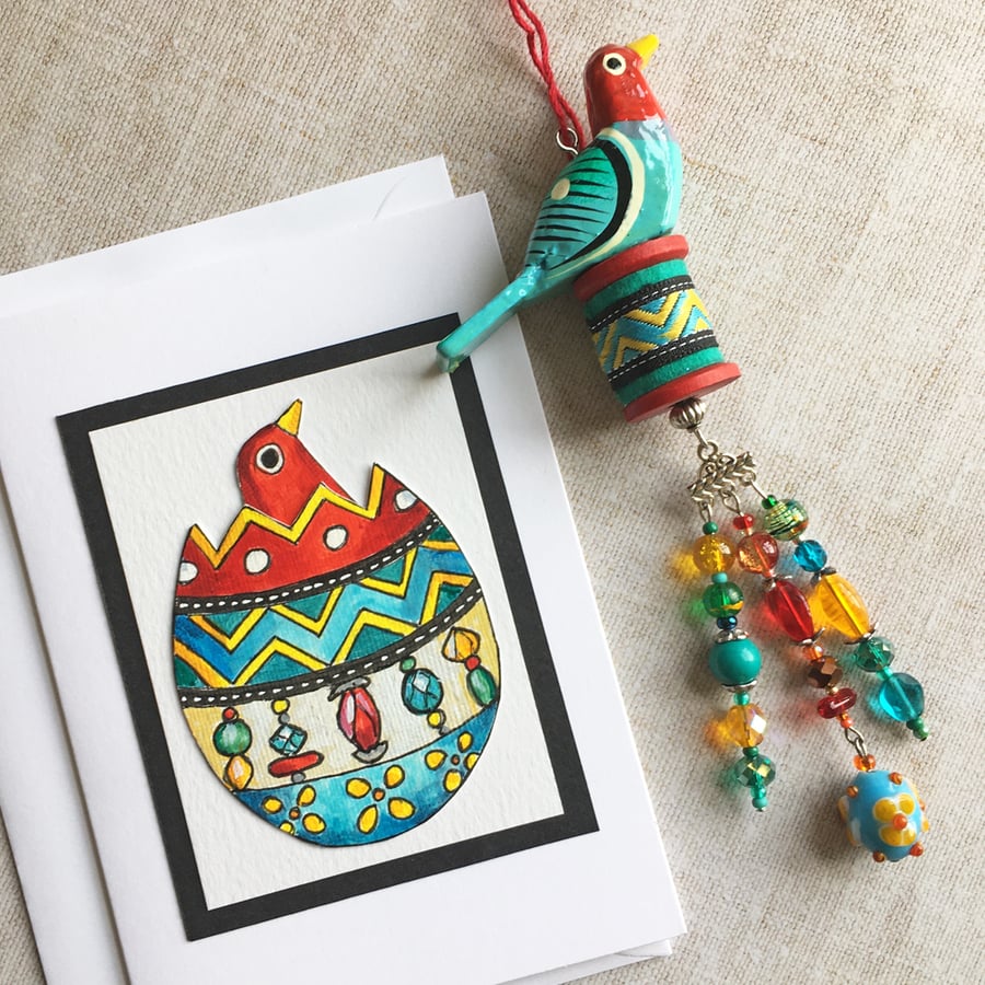 Hanging decoration, easter gift, beaded dangler, quirky bird, wooden bird