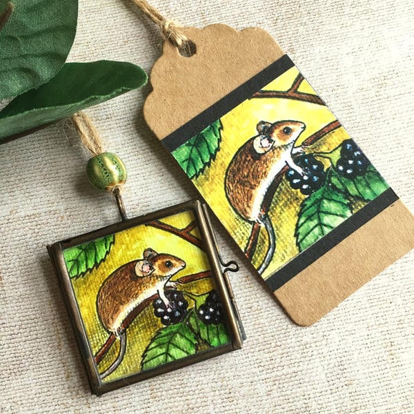 Tiny wood mouse painting, gift for mouse lover, nature lover, hanging decor