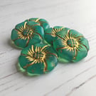 Large Czech pressed glass flower beads 22mm, teal hibiscus beads