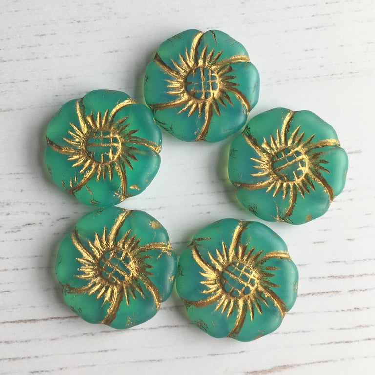 Large Czech pressed glass flower beads 22mm, teal hibiscus beads