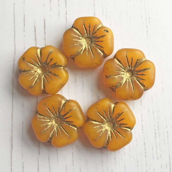 Five large Czech glass, puffed flower beads 20mm, deep yellow flower beads