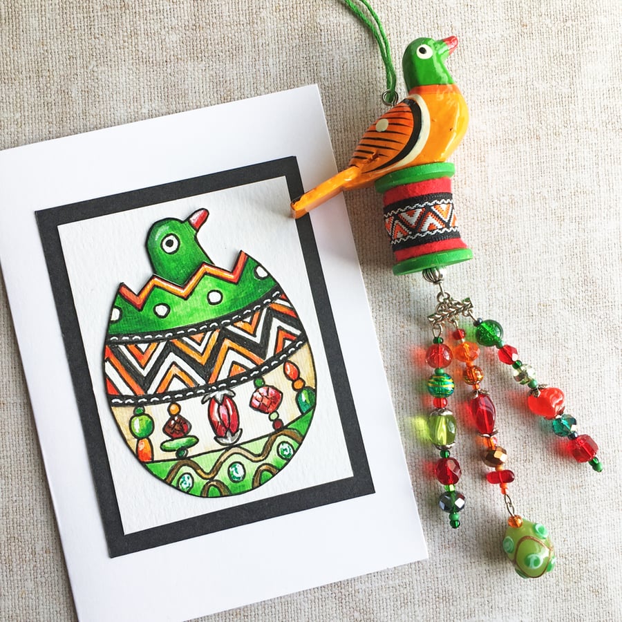 Hanging decoration, beaded dangler, wooden hanging bird, bird decor