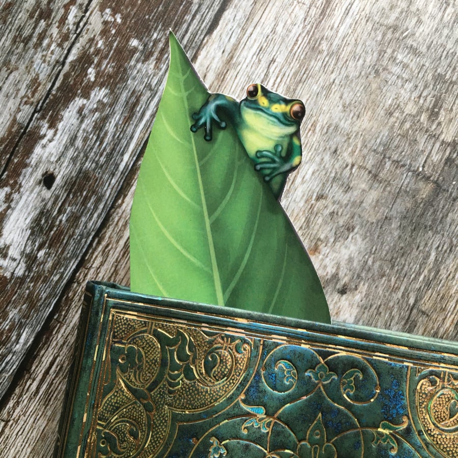 Bookmark, gift for a frog lover, quirky bookmark, frog on a leaf, reed frog