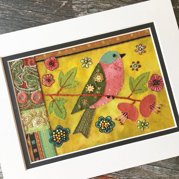 Textile picture of bird and flowers, fabric art, gift for bird lover, hand sewn