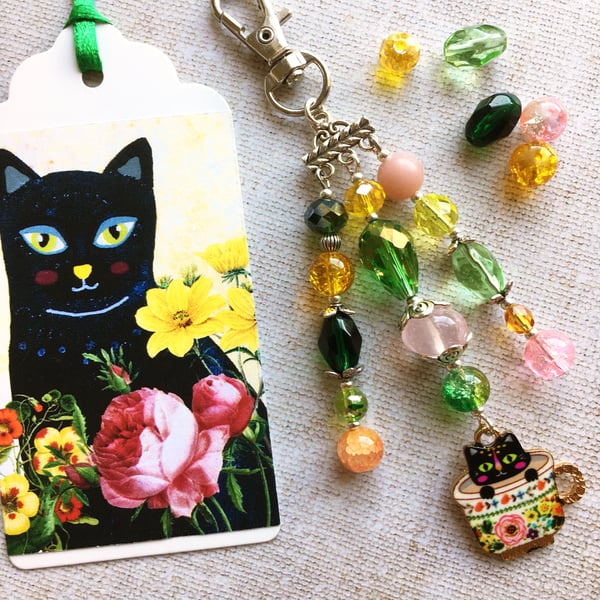 Cat bag charm, black cat, cat charm, cat in a cup, cat gift, cat lover, cat