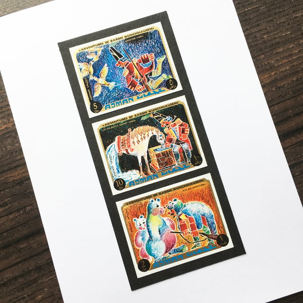 Handmade card, adventures of Baron Munchausen, postage stamps