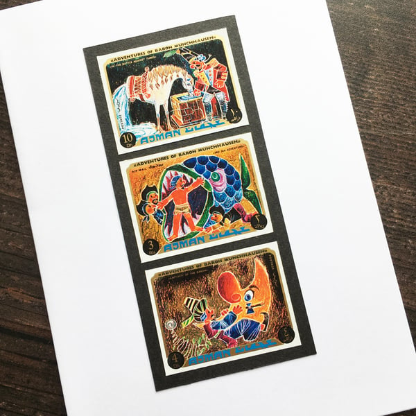 Handmade card, adventures of Baron Munchausen, postage stamps