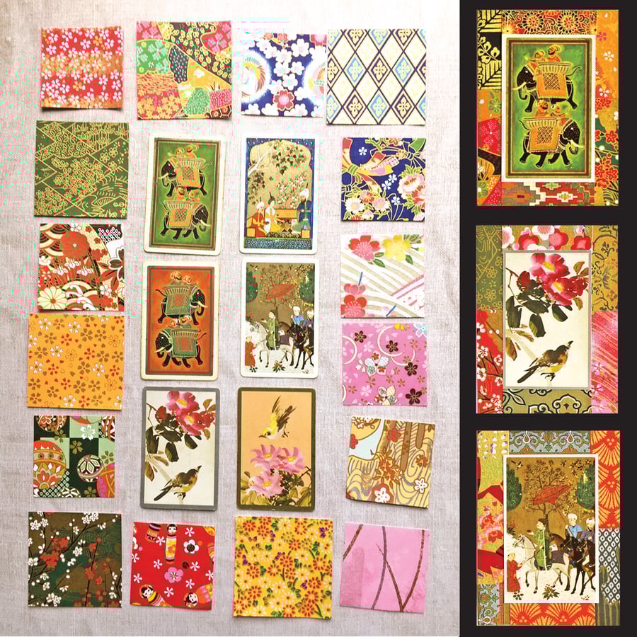 Craft supplies, vintage playing cards and origami papers, craft kit.