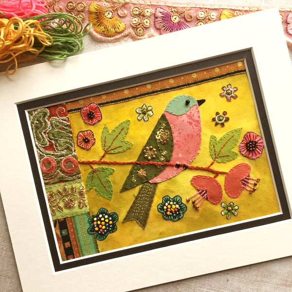 Textile picture of bird and flowers, fabric art, gift for bird lover, hand sewn