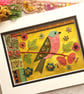 Textile picture of bird and flowers, fabric art, gift for bird lover, hand sewn