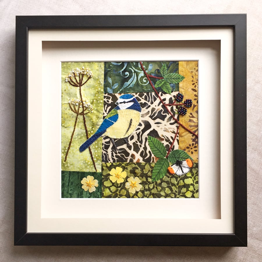 Blue tit textile artwork, fabric bird art, textile collage, gift for bird lover