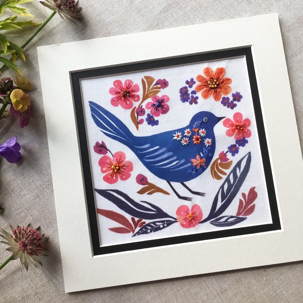 Textile picture of folk bird and flowers, fabric art, gift for bird lover