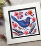 Textile picture of folk bird and flowers, fabric art, gift for bird lover
