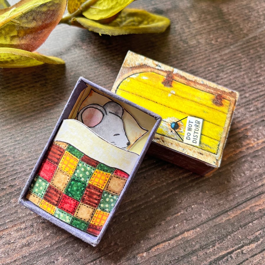 Matchbox art, mouse in bed. Gift for mouse lover. Sleeping mouse keepsake gift