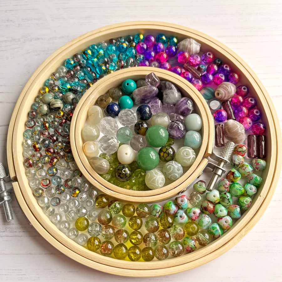 A mix of glass, ceramic and semi-precious beads, bead destash, gift for crafter