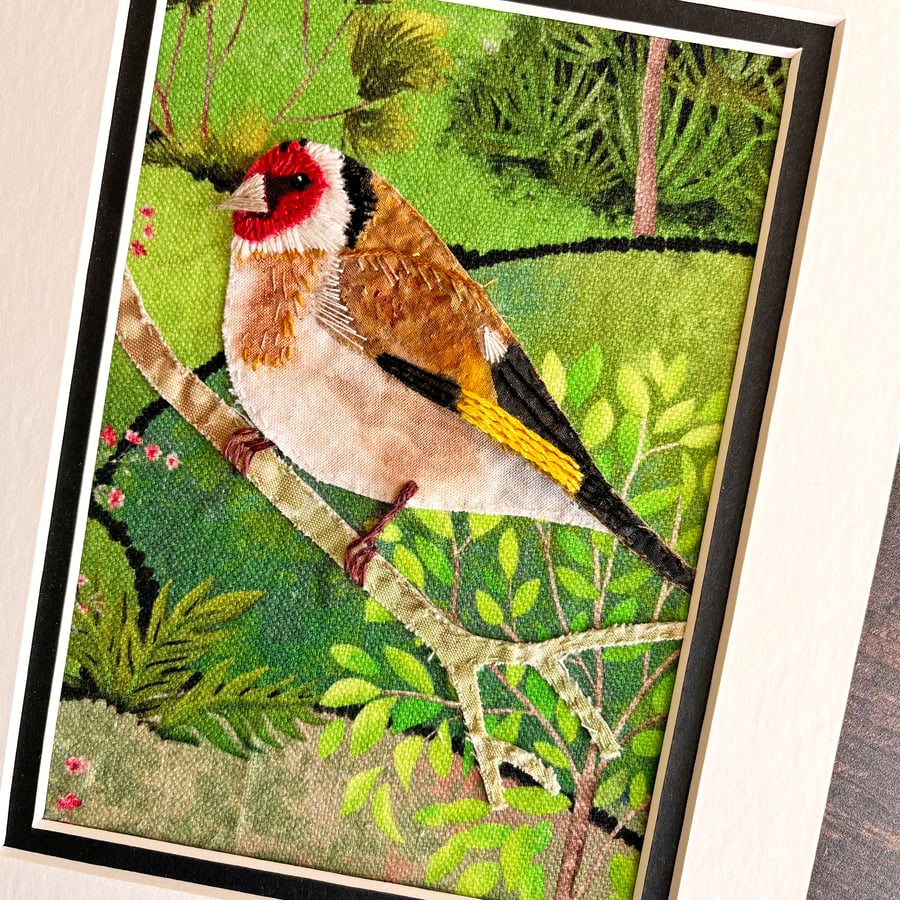 Goldfinch fabric picture, textile art, gift for bird lover, goldfinch art