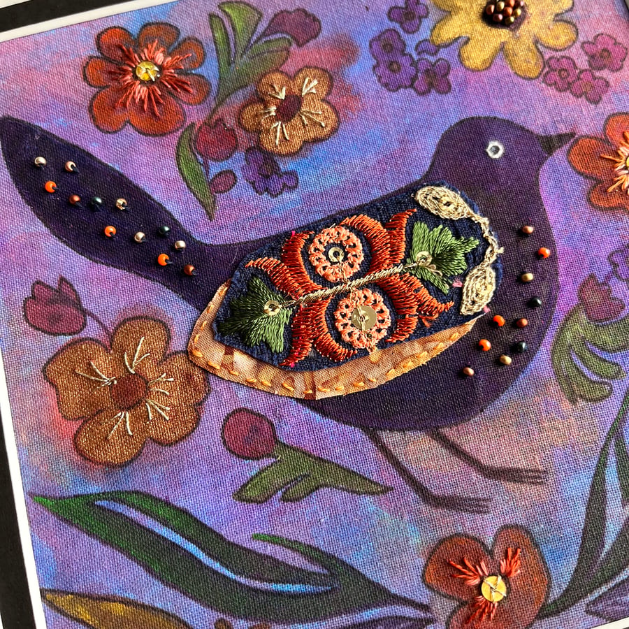 Textile picture, folk bird and flowers, fabric art, gift for bird lover