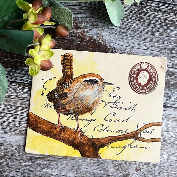 Ink and pen painting of wren on vintage used envelope, gift for bird lover