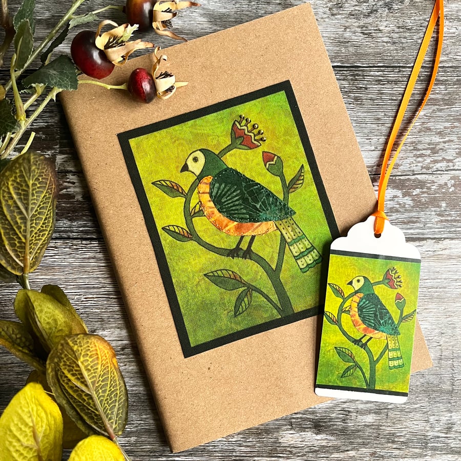 Decorated A5 sketchbook, textile folk bird, gift for artist or bird lover