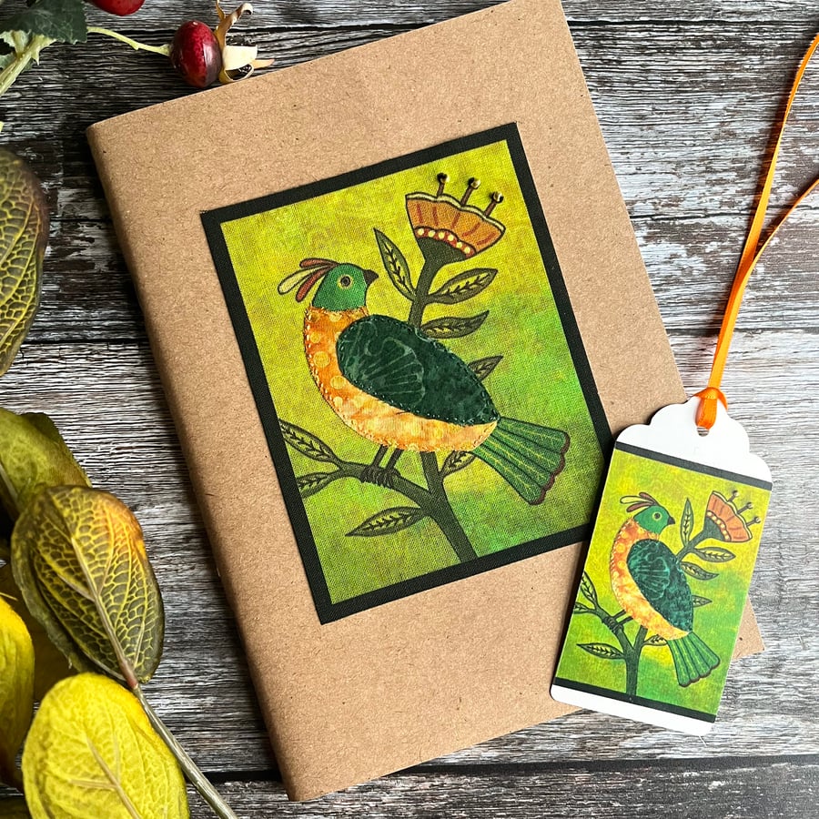 Decorated A5 sketchbook, textile folk bird, gift for artist or bird lover