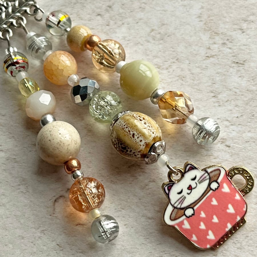 Cat bag charm, white cat in a cup charm, cappucino lover, gift for cat lover