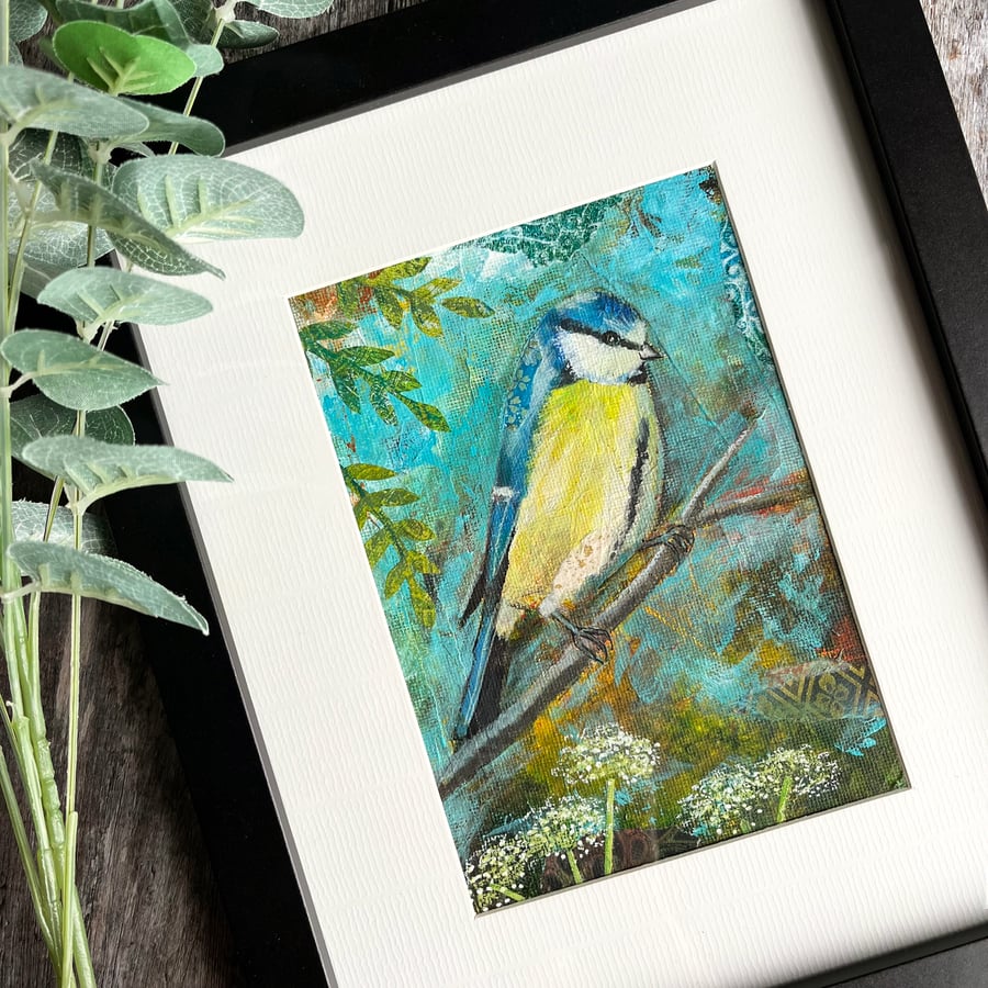 Blue tit and cow parsley mixed media painting, gift for bird lover, bird artwork