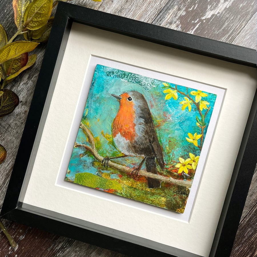 Robin and forsythia mixed media painting, gift for bird lover, bird artwork