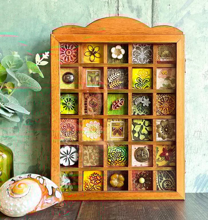 'The flower box' mixed media assemblage, upcycled thimble rack,
