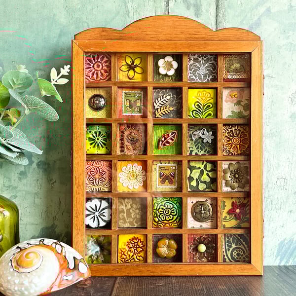 'The flower box' mixed media assemblage, upcycled thimble rack,