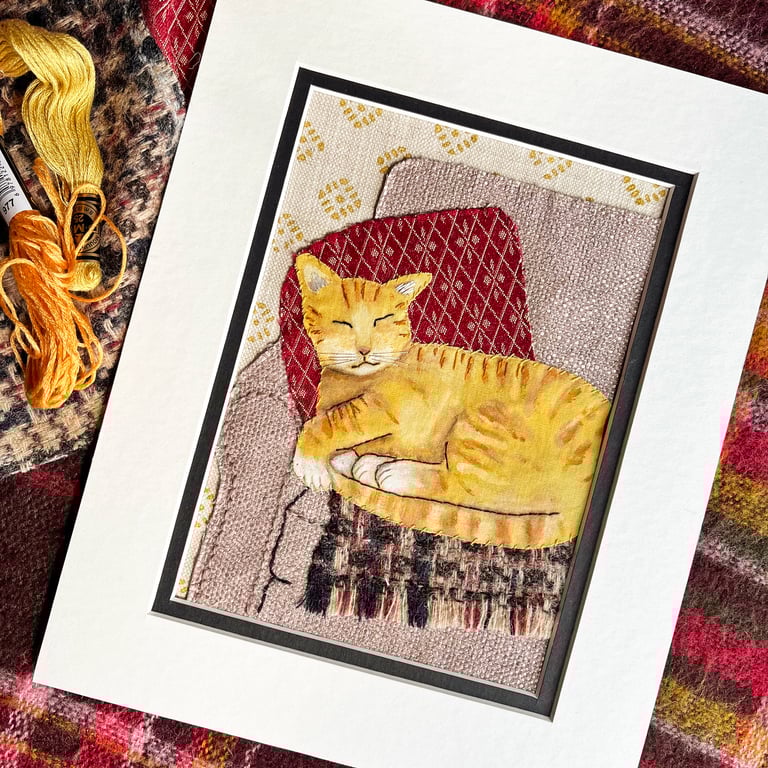 'The chair thief' textile art, gift for cat lover, tabby cat, ginger cat