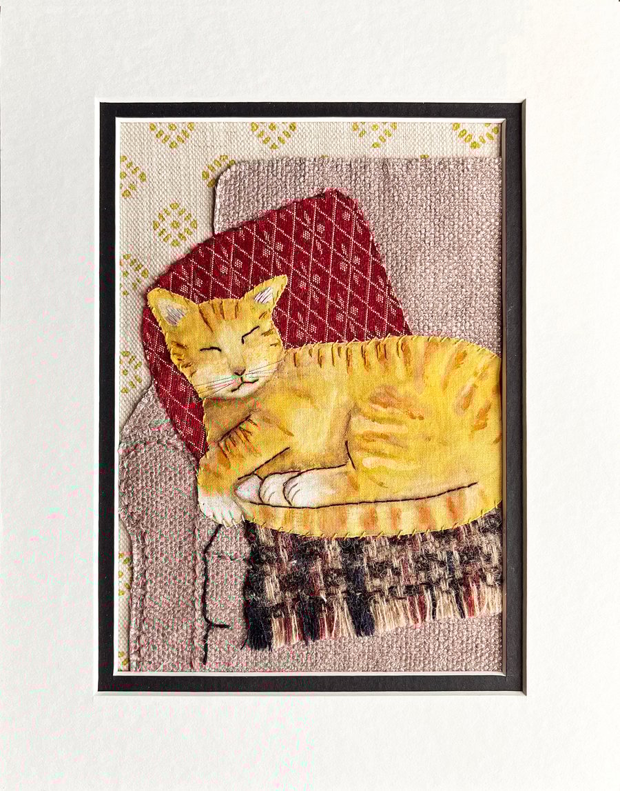 'The chair thief' textile art, gift for cat lover, tabby cat