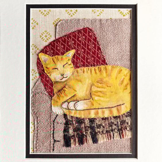 'The chair thief' textile art, gift for cat lover, tabby cat