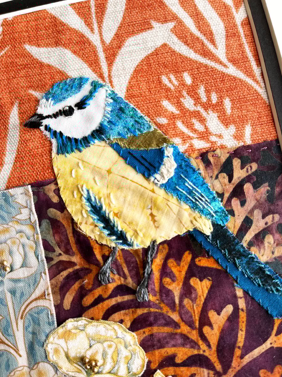 Textile bird picture, gift for bird lover, blue tit art, hand stitched