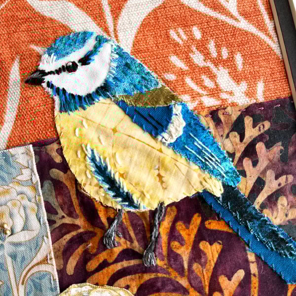 Textile bird picture, gift for bird lover, blue tit art, hand stitched