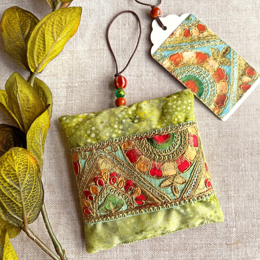 ON SALE: Handmade lavender bag with Indian embroidered trim, scented gift,