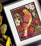 Hand sewn textile picture of folk bird and flowers - gift for bird lover - Image 3