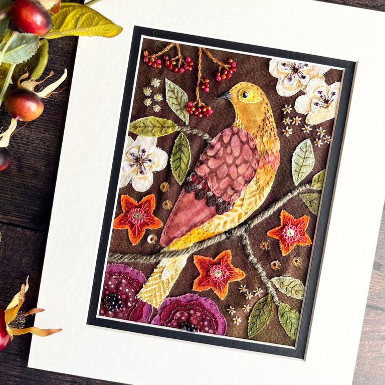 Textile folk bird picture, gift for bird lover, fabric collage, embroidered bird