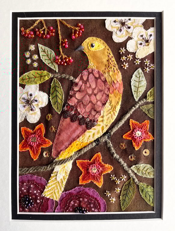 Textile folk bird picture, gift for bird lover, fabric collage